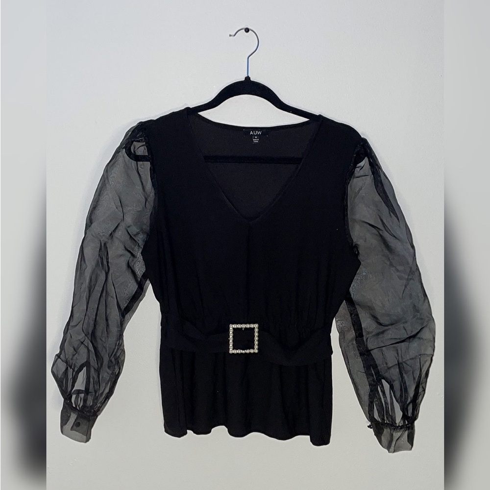 Black Formal Women’s Blouse With Sheer Sleeves & Pearl Waist Belt